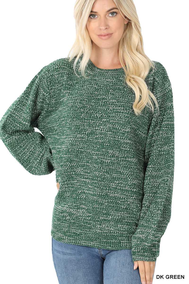 1511- Dark Green Balloon Sleeve Melange Sweater