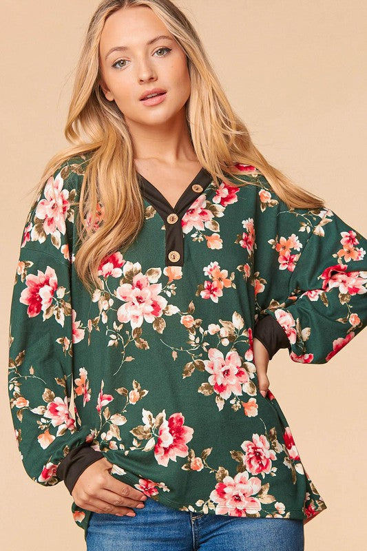 1819- Hunter Green Floral Print Button Down Top