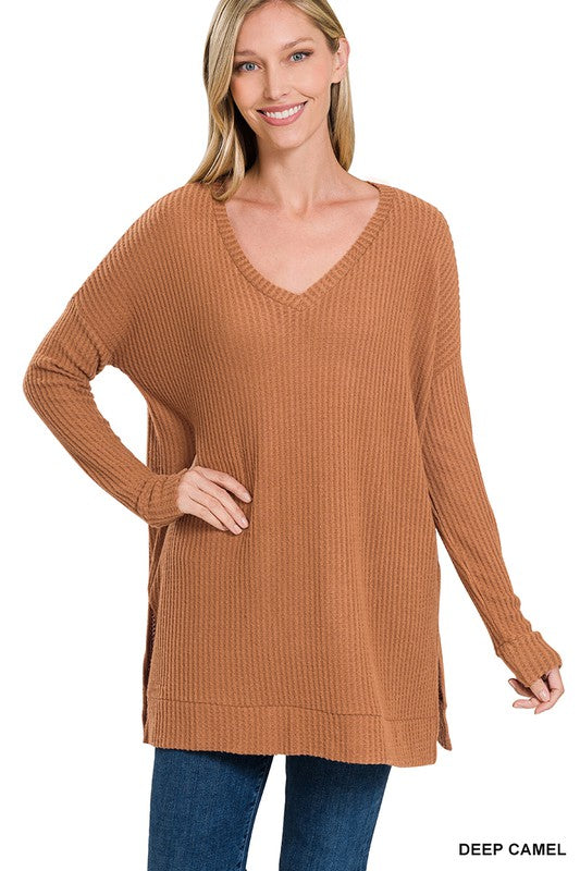 7248- Deep Camel Brushed Thermal Long Sleeve Sweater w/ Side Slits