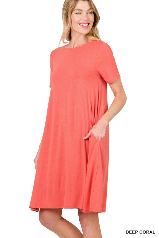 7793- Deep Coral Short Sleeve T-Shirt Dress
