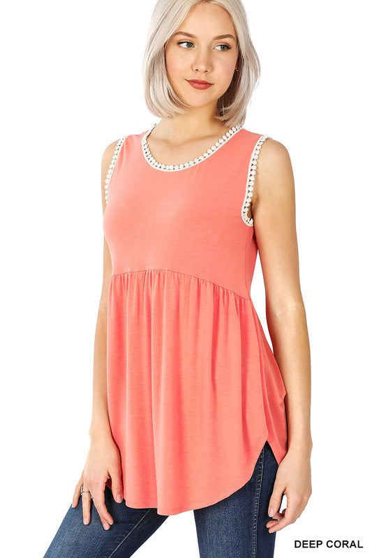1459- Deep Coral Babydoll Tank Top w/ Pom Detail