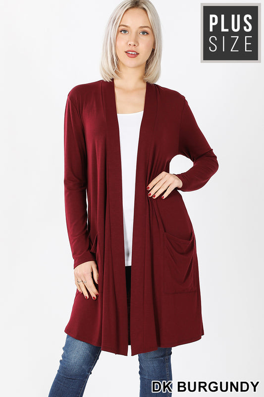 1368- Dark Burgundy Long Sleeve Open Cardigan w/ Pockets (PLUS)