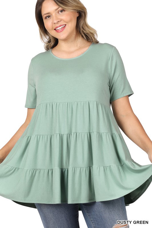 1296- Dusty Green Tier Short Sleeve Top