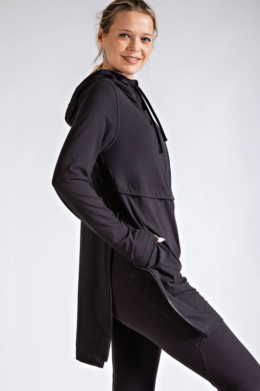 6143- Black Long Hooded Active Jacket