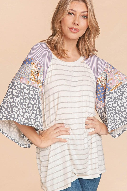 507- Cream & Gray Stripe Flutter Bell Sleeve Top