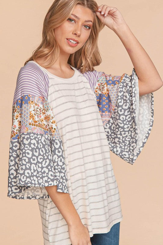 507- Cream & Gray Stripe Flutter Bell Sleeve Top