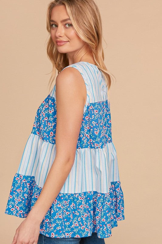 1553- Blue Boho Tier Tank Top w/ Floral & Stripes