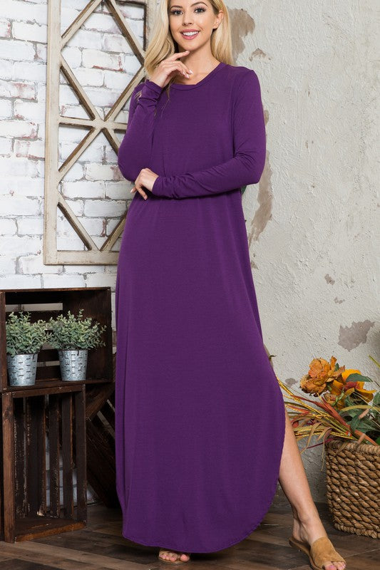 7300- Eggplant Scoop Hem Long Sleeve Dress