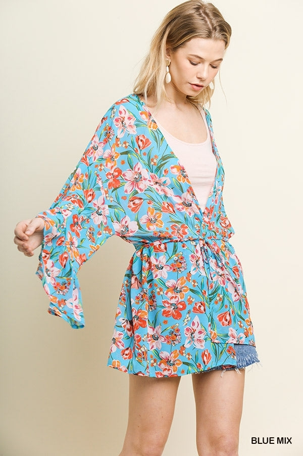 6025- Umgee Blue & Coral Front Tie Kimono