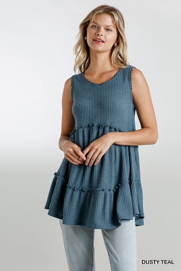 1785- Umgee Dusty Teal Waffle Knit Tank Top