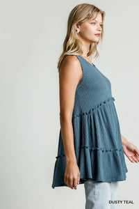 1785- Umgee Dusty Teal Waffle Knit Tank Top