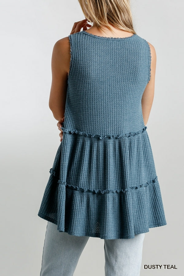 1785- Umgee Dusty Teal Waffle Knit Tank Top