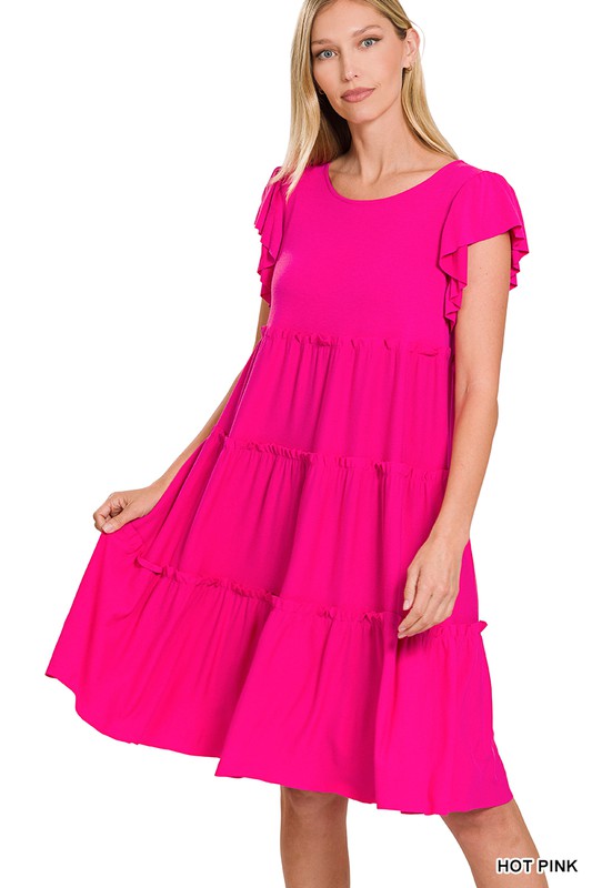 7800- Hot Pink Ruffle Sleeve Tier Dress