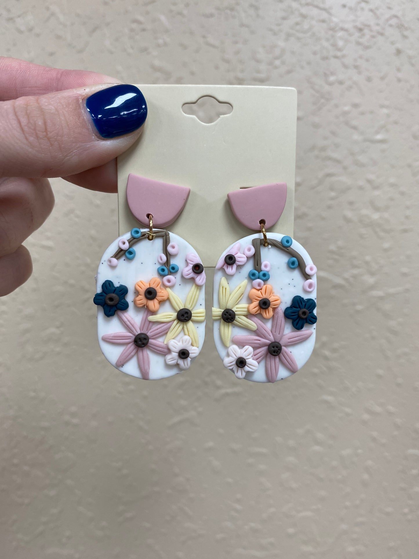 148- Cream & Pink Floral Clay Post Earrings