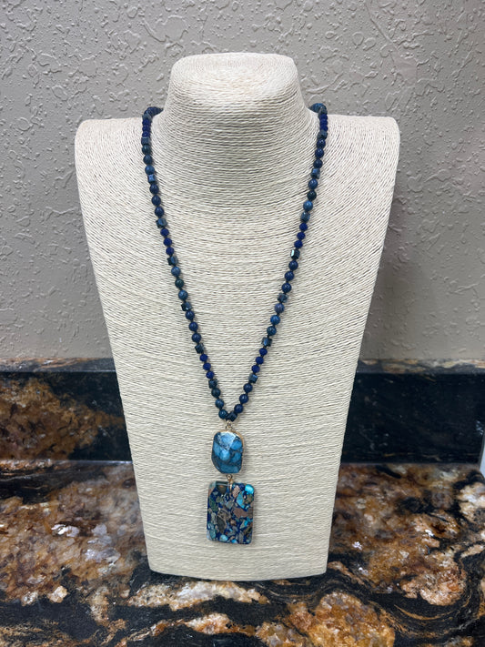 7673- Blue Double Cracked Stone Pendant Necklace