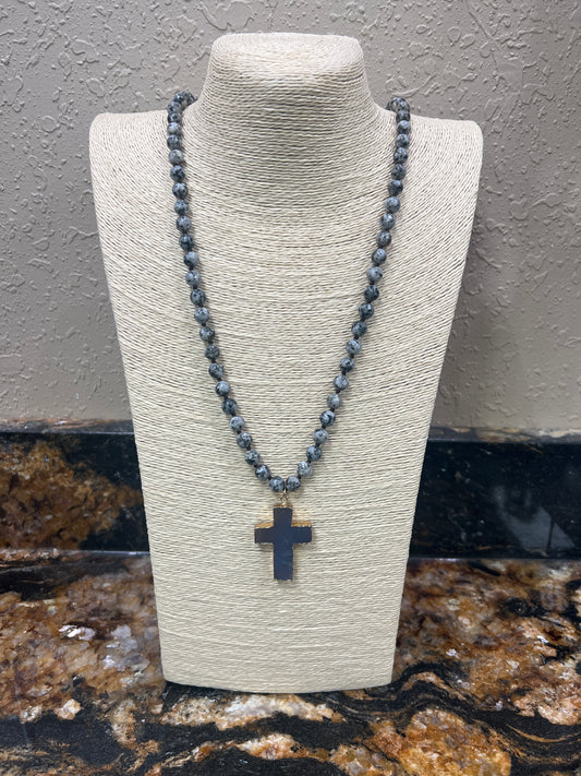 7675- Grey Cracked Stone Necklace w/ Cross Pendant