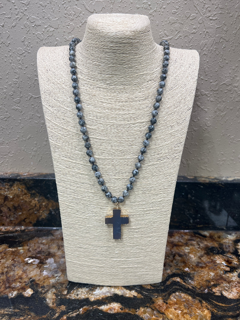 7675- Grey Cracked Stone Necklace w/ Cross Pendant