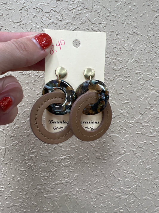 1288- Brown Leather Circle w/ Acrylic Earring w/ Brown & Black Detail