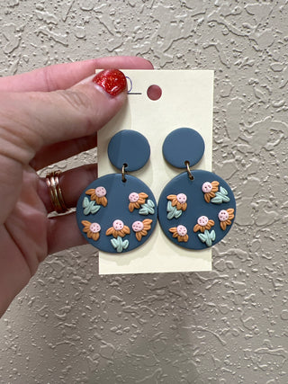 1263- Titanium Circle Clay Earrings w/ Floral Detail