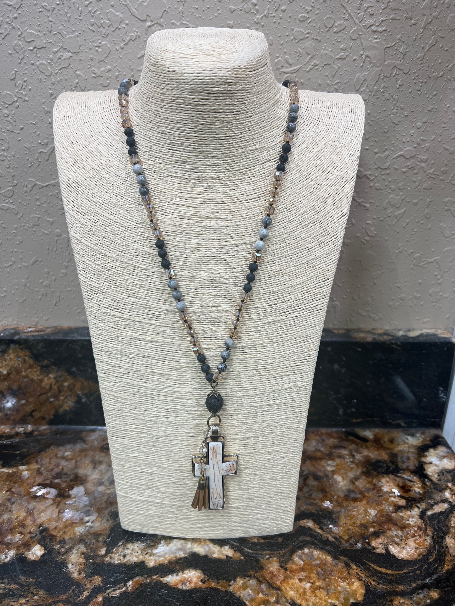 7539- Charcoal & Black Beaded Cross Necklace w/ Tassel