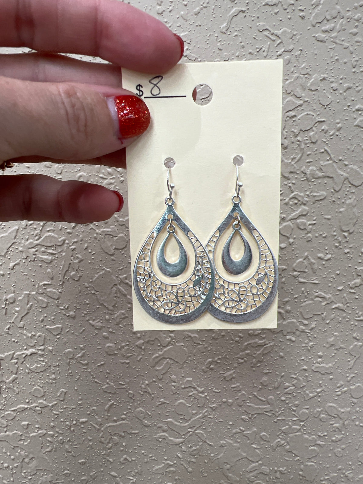 1293- Silver Teardrop Earring w/ Design