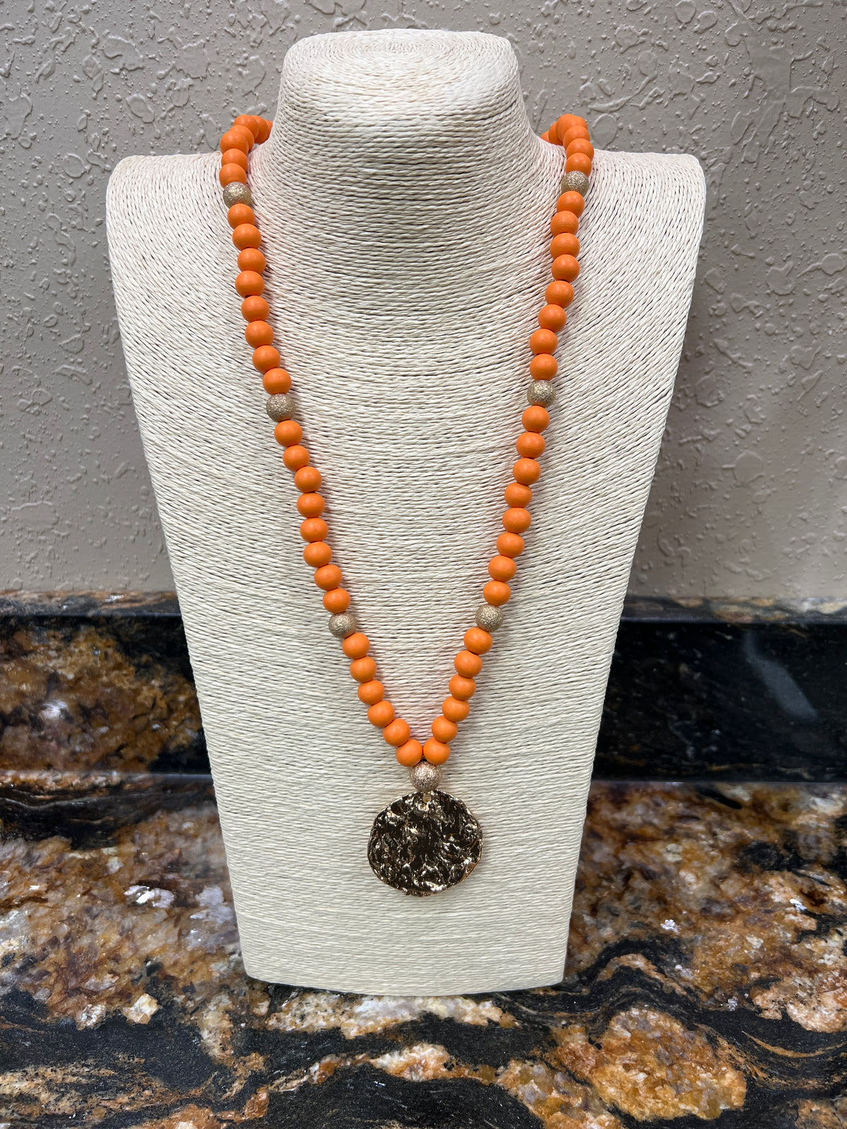 7388- Orange Wood Bead Necklace w/ Hammered Gold Detail