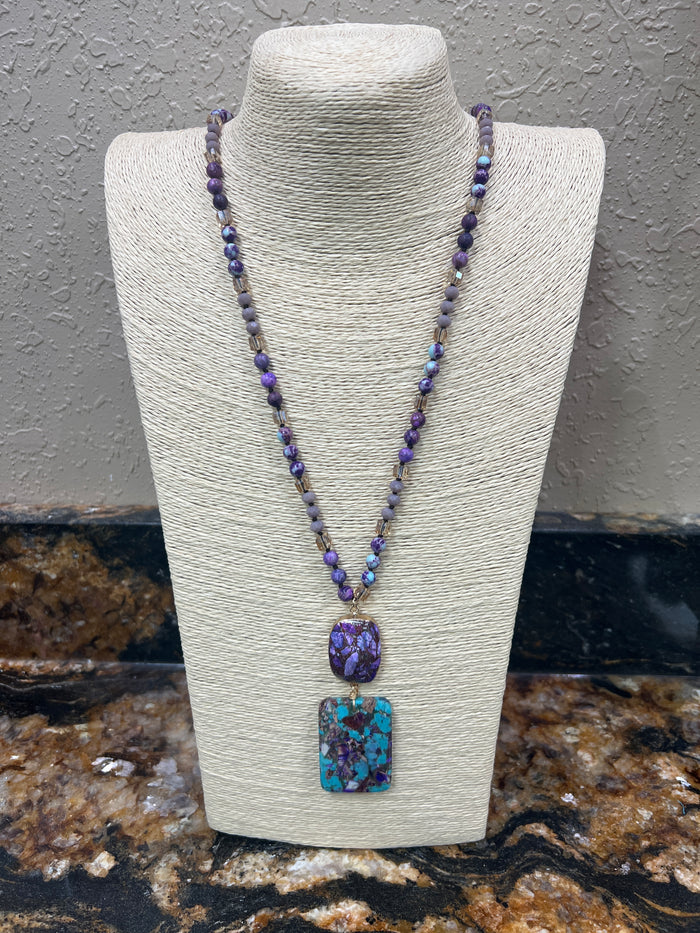 7678- Purple Beaded w/ Turquoise Detail Necklace