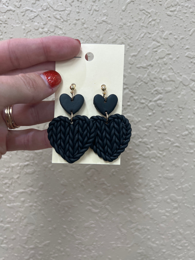 1216- Black Heart Weave Clay Earrings