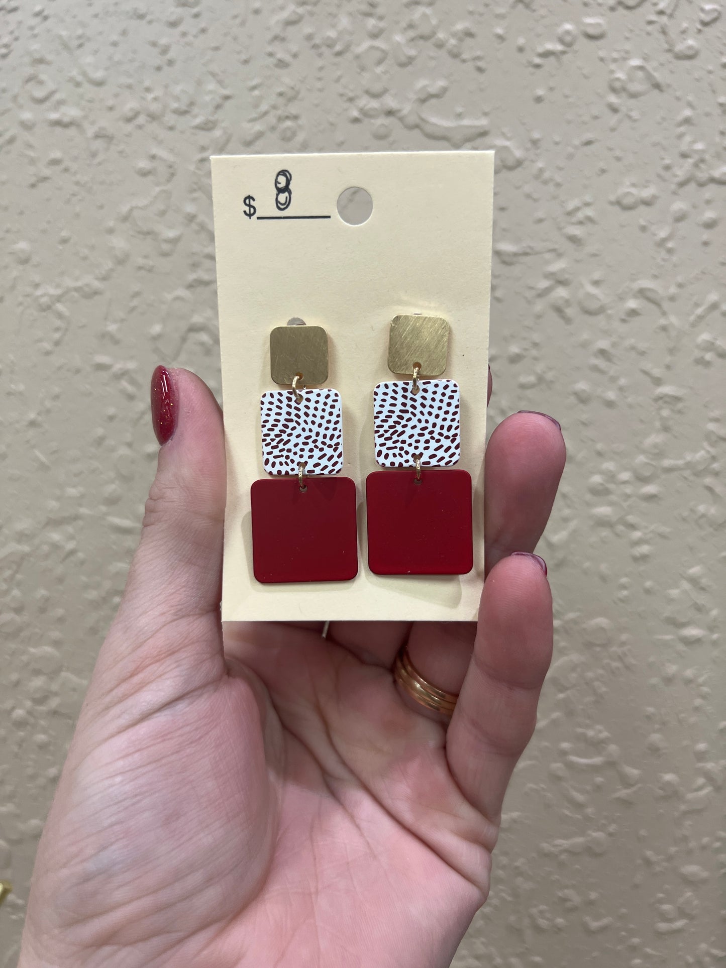 7490- Red Three Square Detail Earrings