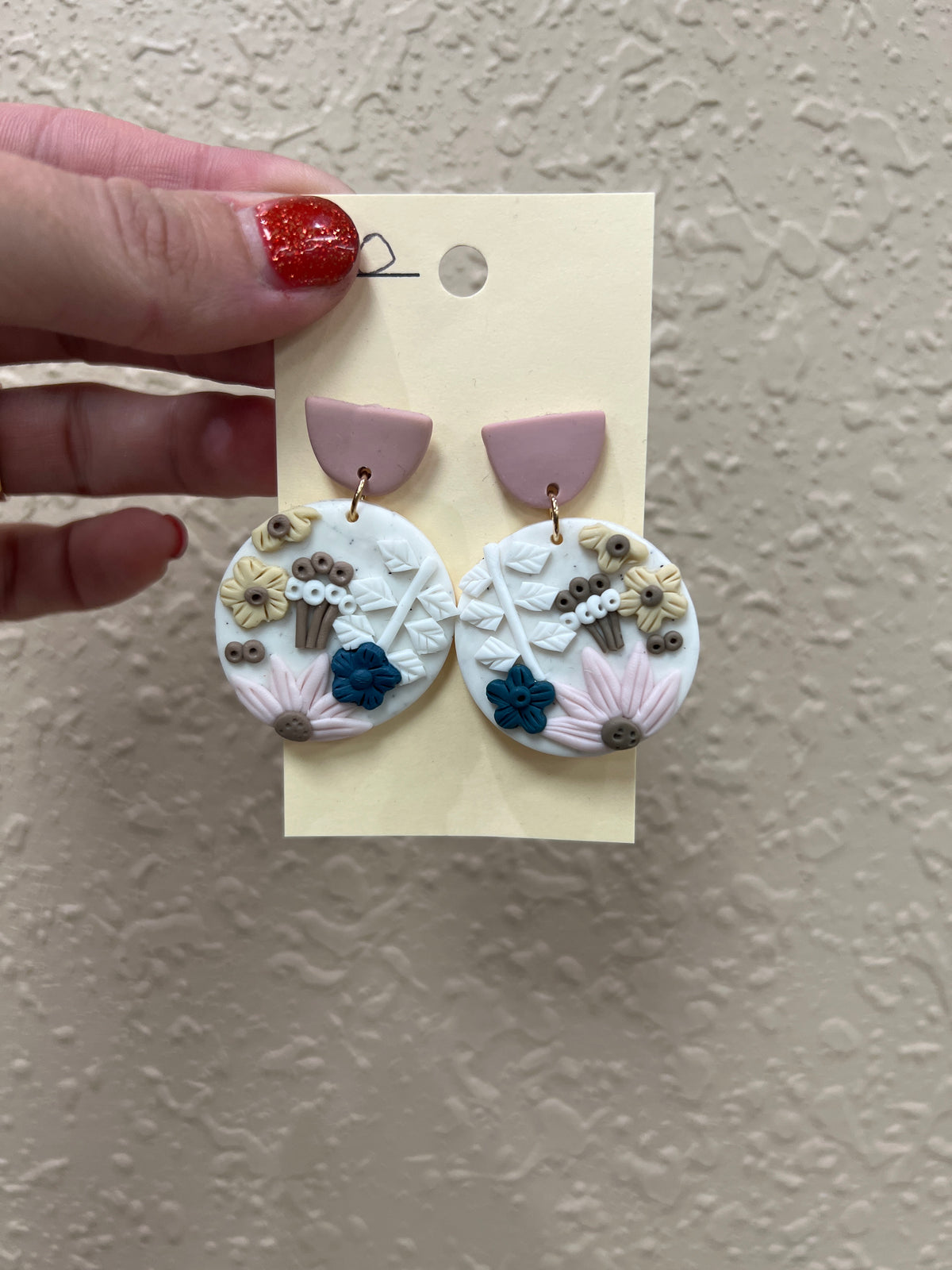 1265- Ivory w/ Blush & Floral Detail Clay Earrings