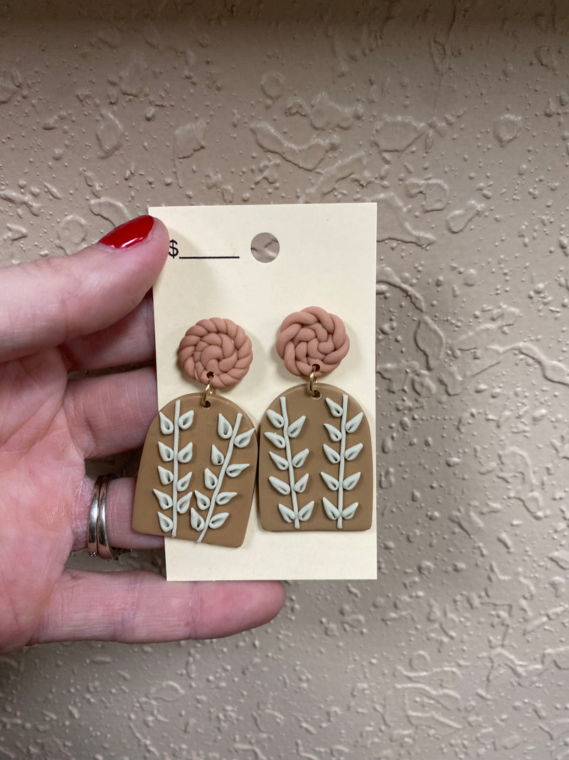 332- Brown & Mauve Floral Clay Earrings