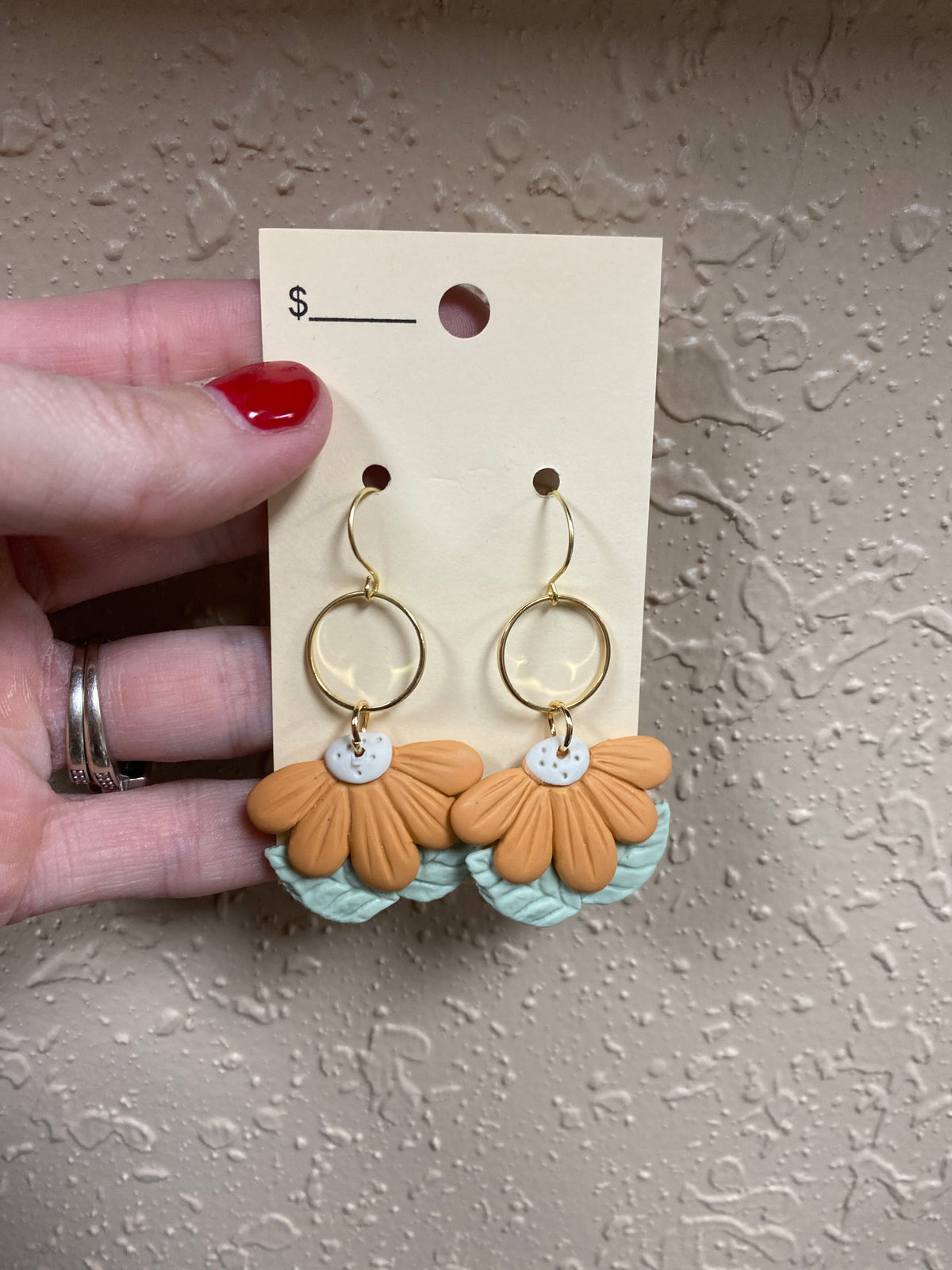 327- Orange Floral Circle Fishhook Back Clay Earrings