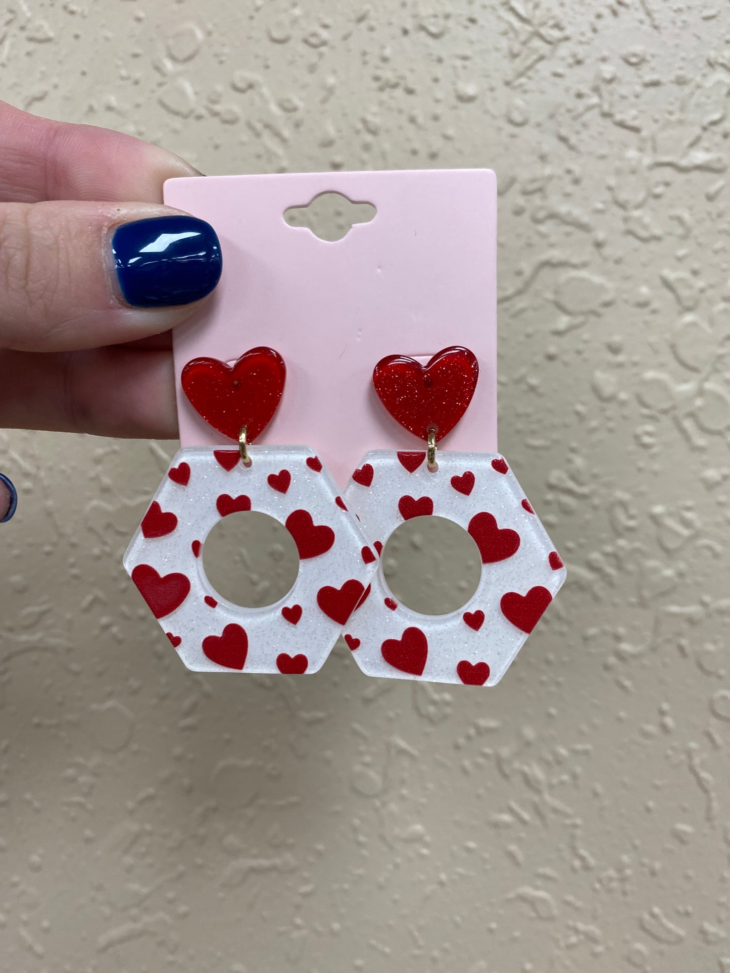 149- Red Hearts w/ Octagon Hang Post Earrings