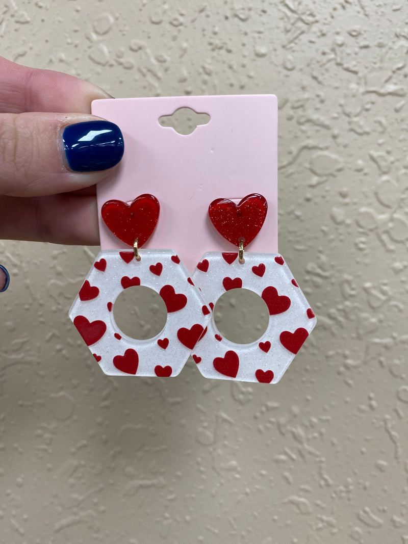 149- Red Hearts w/ Octagon Hang Post Earrings