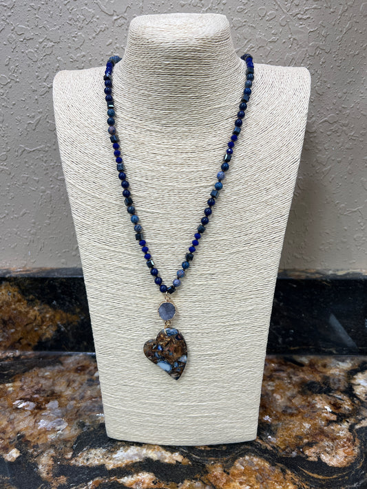 7755- Blue Beaded Heart Stone Necklace