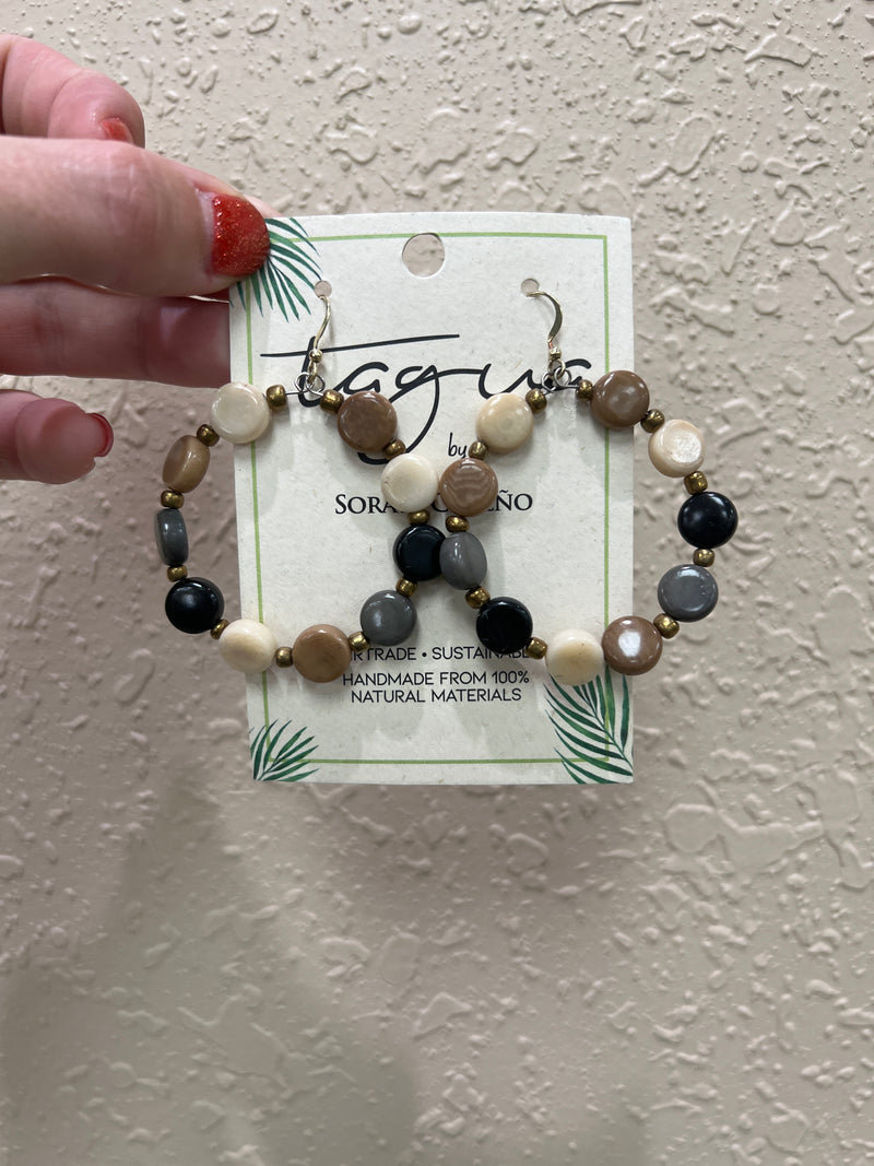 1250- Brown, Black, & Cream Circle Tagua Nut Earrings