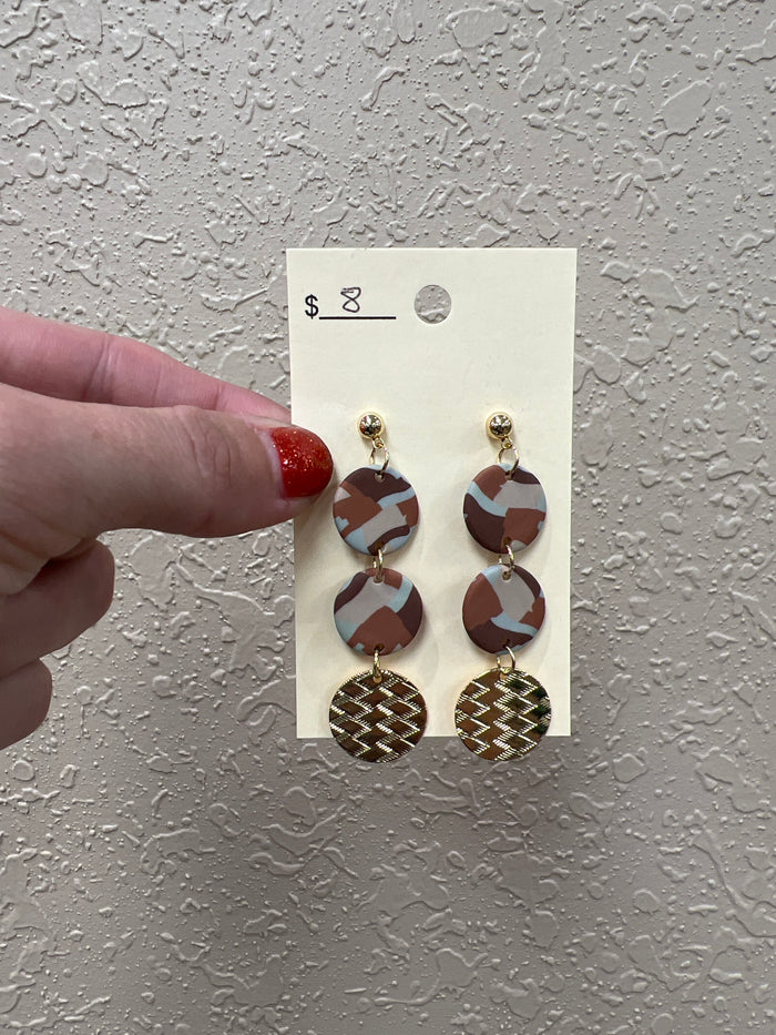 1261- Brown & Aqua 3 Circle Clay Earrings