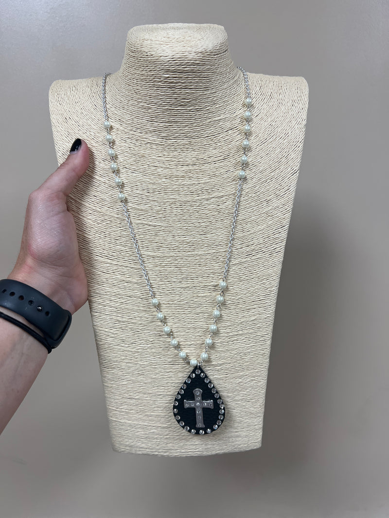 1804- Silver Pearl Beaded Cross Necklace