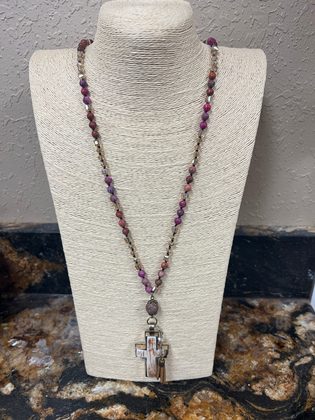 7973- Pink Beaded Necklace w/ Cross Pendant