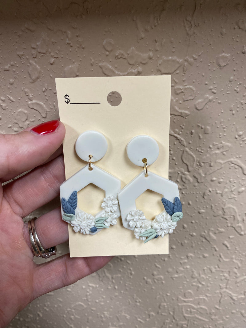 337- Ivory w/ Floral Clay Earrings