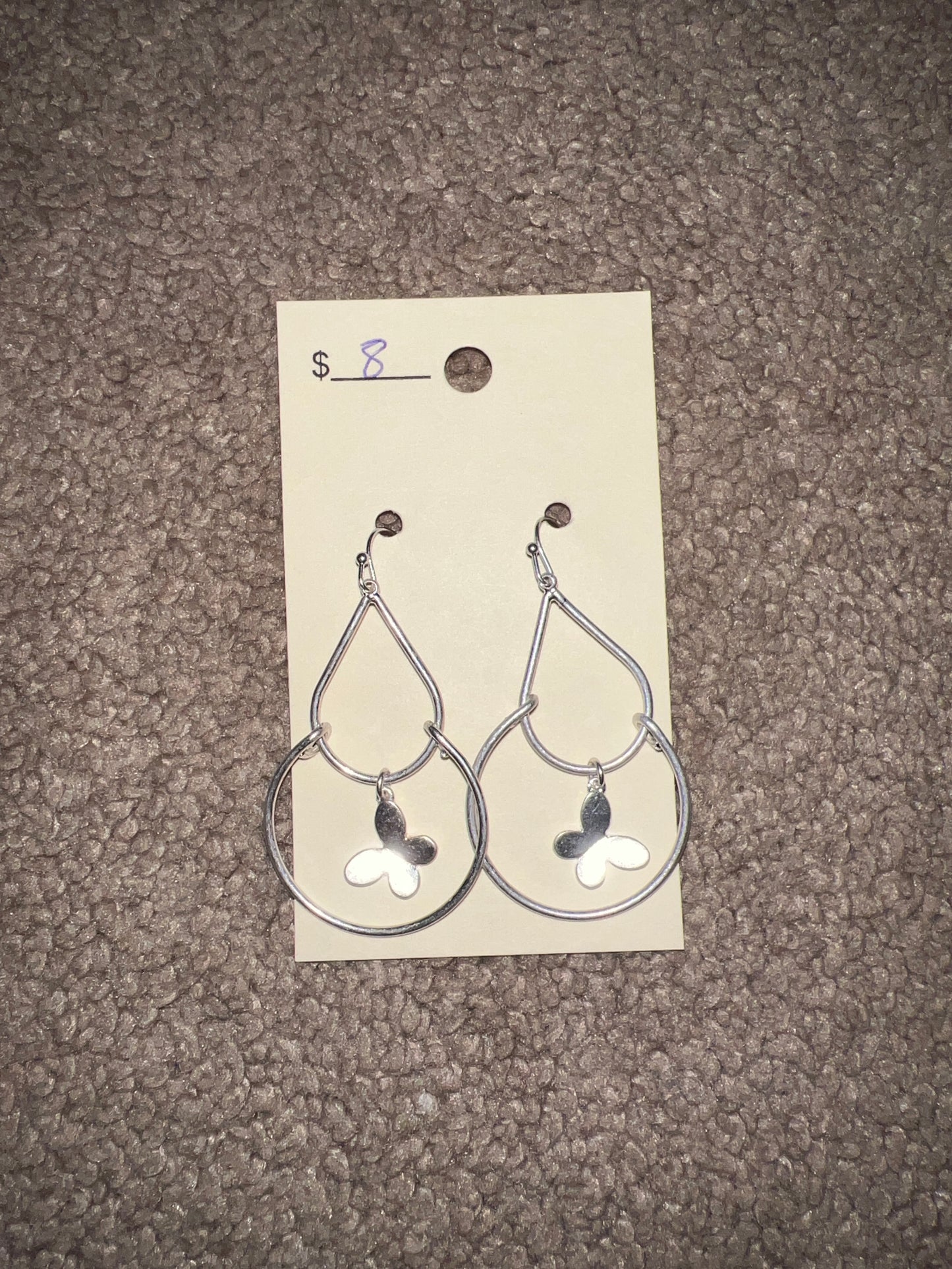 7904- Silver Teardrop w/ Butterfly Detail Earrings