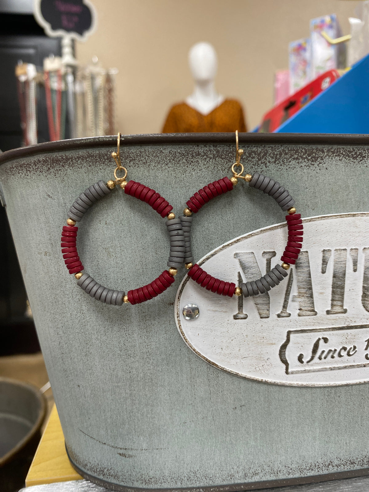 153- Maroon & Gray Beaded Hoop Earring