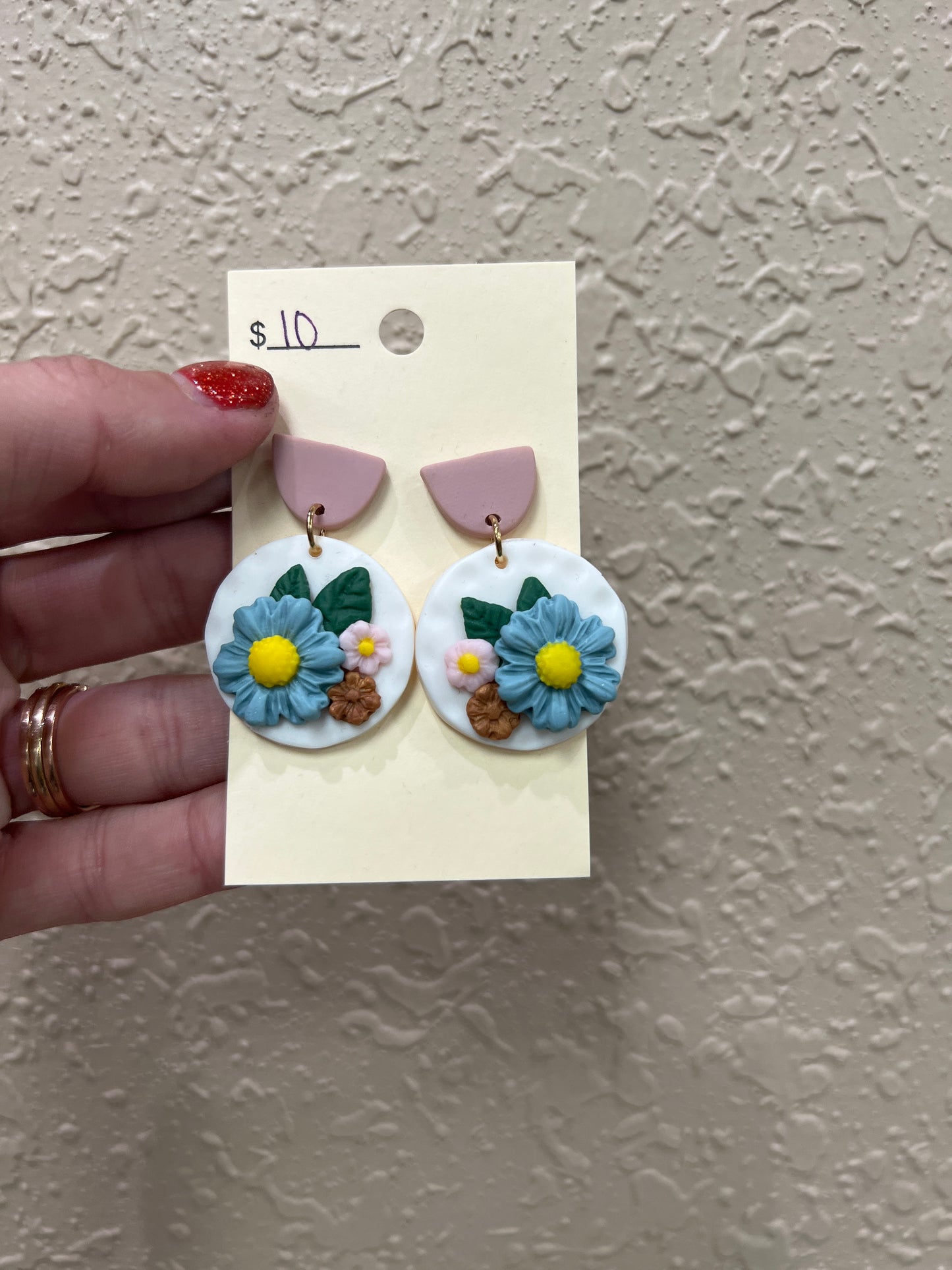 1275- Ivory Clay Earrings w/ Floral & Rose Half Moon