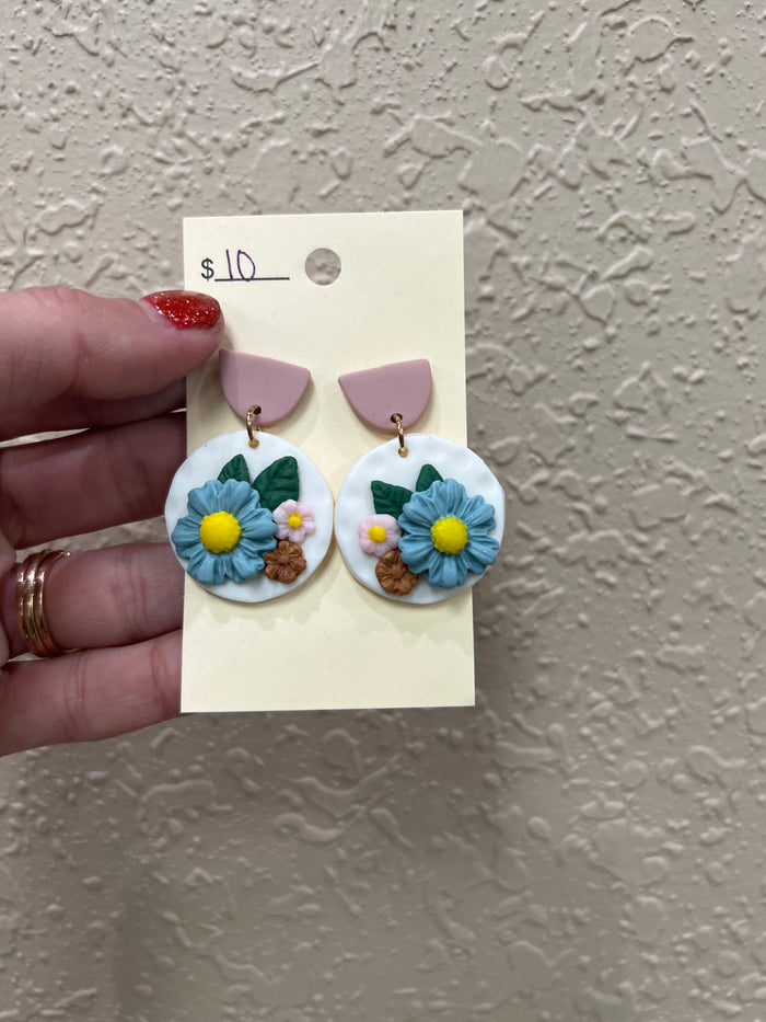 1275- Ivory Clay Earrings w/ Floral & Rose Half Moon