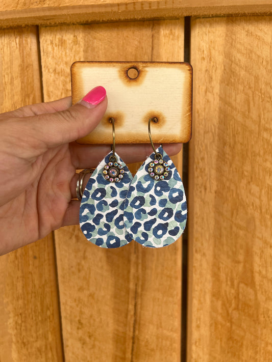 6344- Blue Cheetah Leather Teardrop Earrings