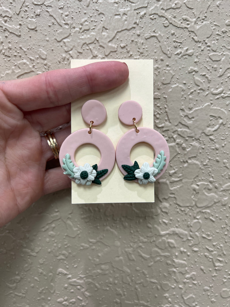 1266- Rose Pink Circle Clay Earrings w/ Floral Print