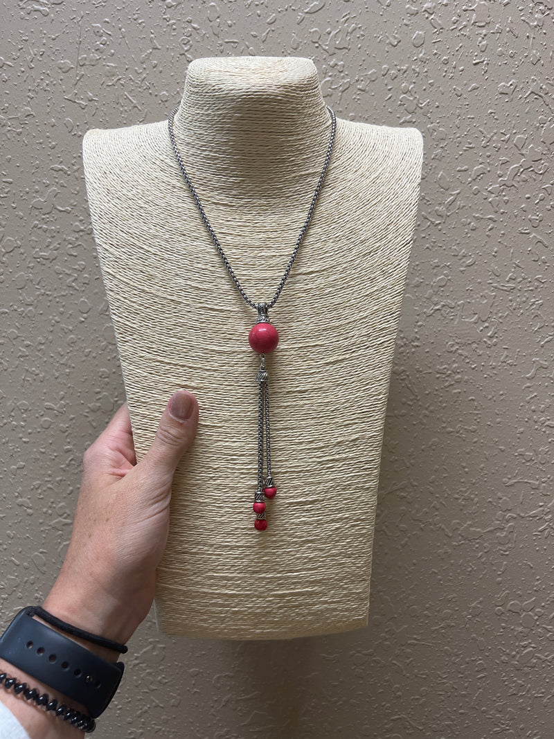 6016- Red Stone Necklace w/ Tassel