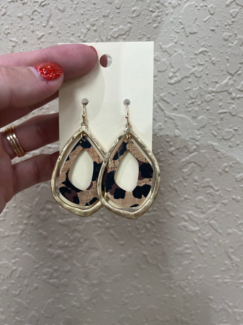 1308- Gold & Cheetah Teardrop Earrings