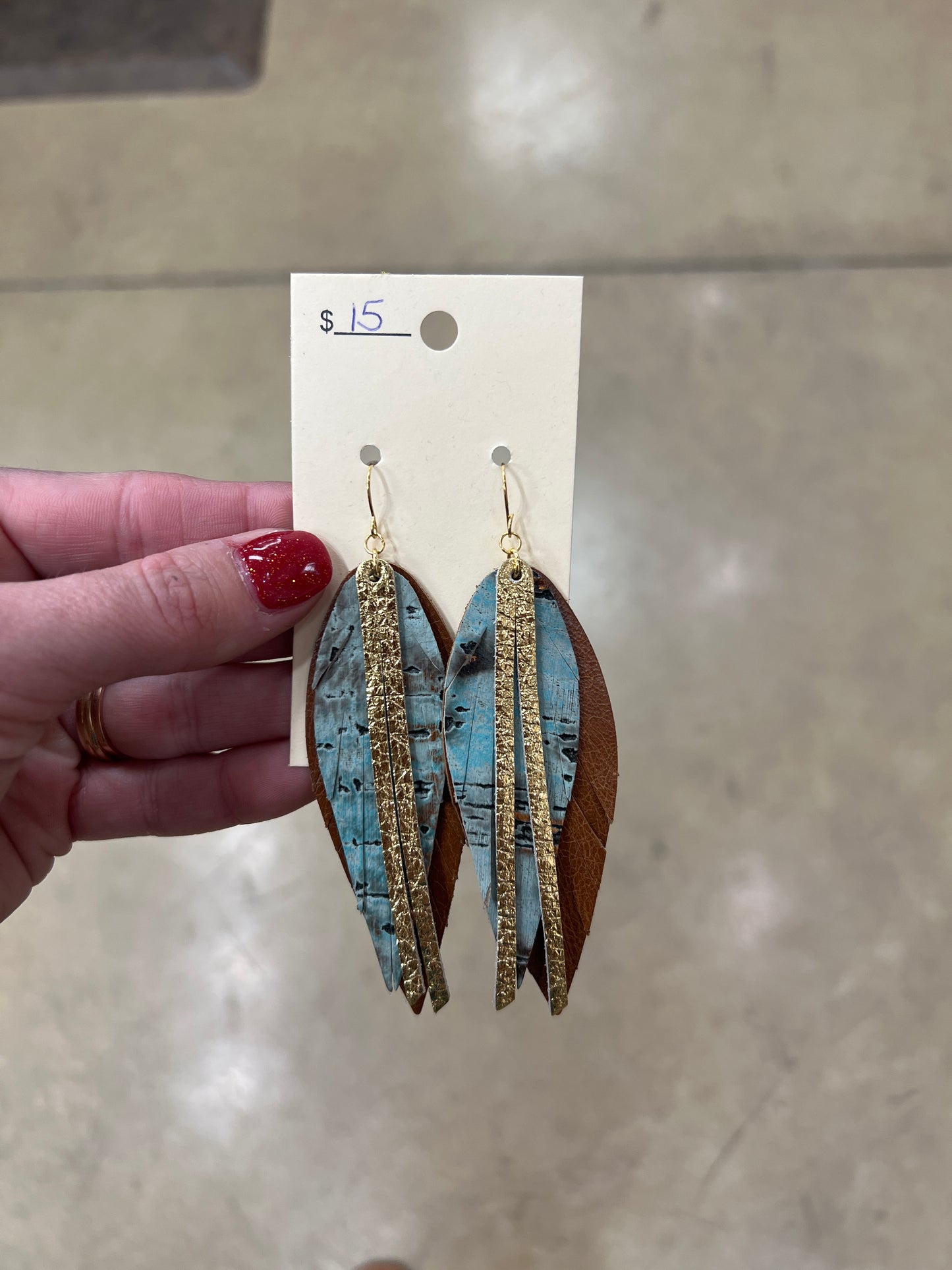 7500- Brown & Teal Leather W/ Gold Earrings