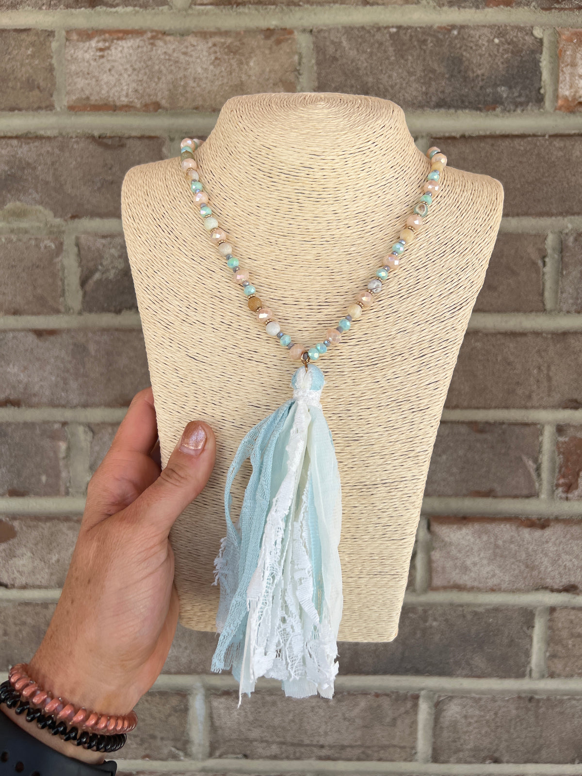 6034- Light Blue & White Tassel Necklace